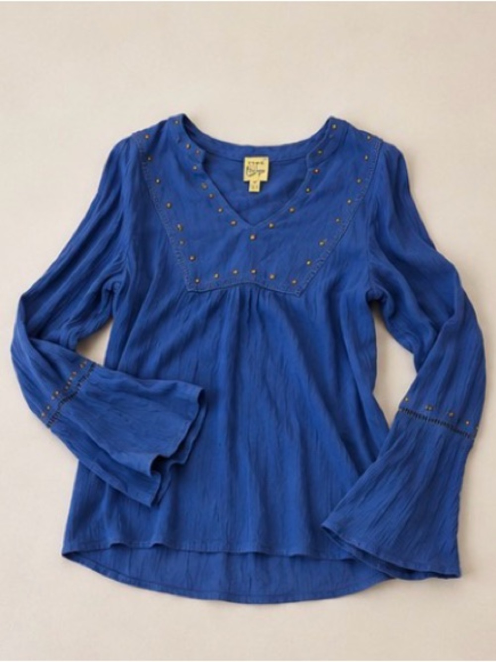 Como Vintage Royal Blue V-Neck Studded Bell Sleeve Tunic French Sleeve size M